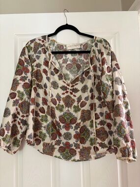 La Vie En Rose Cream Paisley Tie-Neck Peasant Blouse